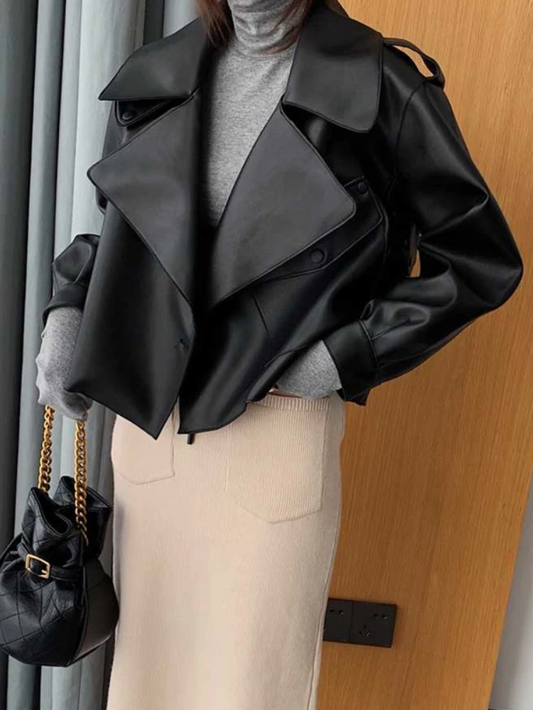 LY VAREY LIN New Autumn Winter Women Pu Motorcycle Biker Red Coat Faux Leather Jacket Turndown Collar Loose Black Punk Outerwear