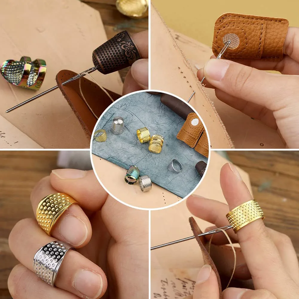 10PCS Hand-Working Sewing Thimble Adjustable Metal Finger Shield Ring Leather Coin Finger Protectors for Knitting Quilting Craft