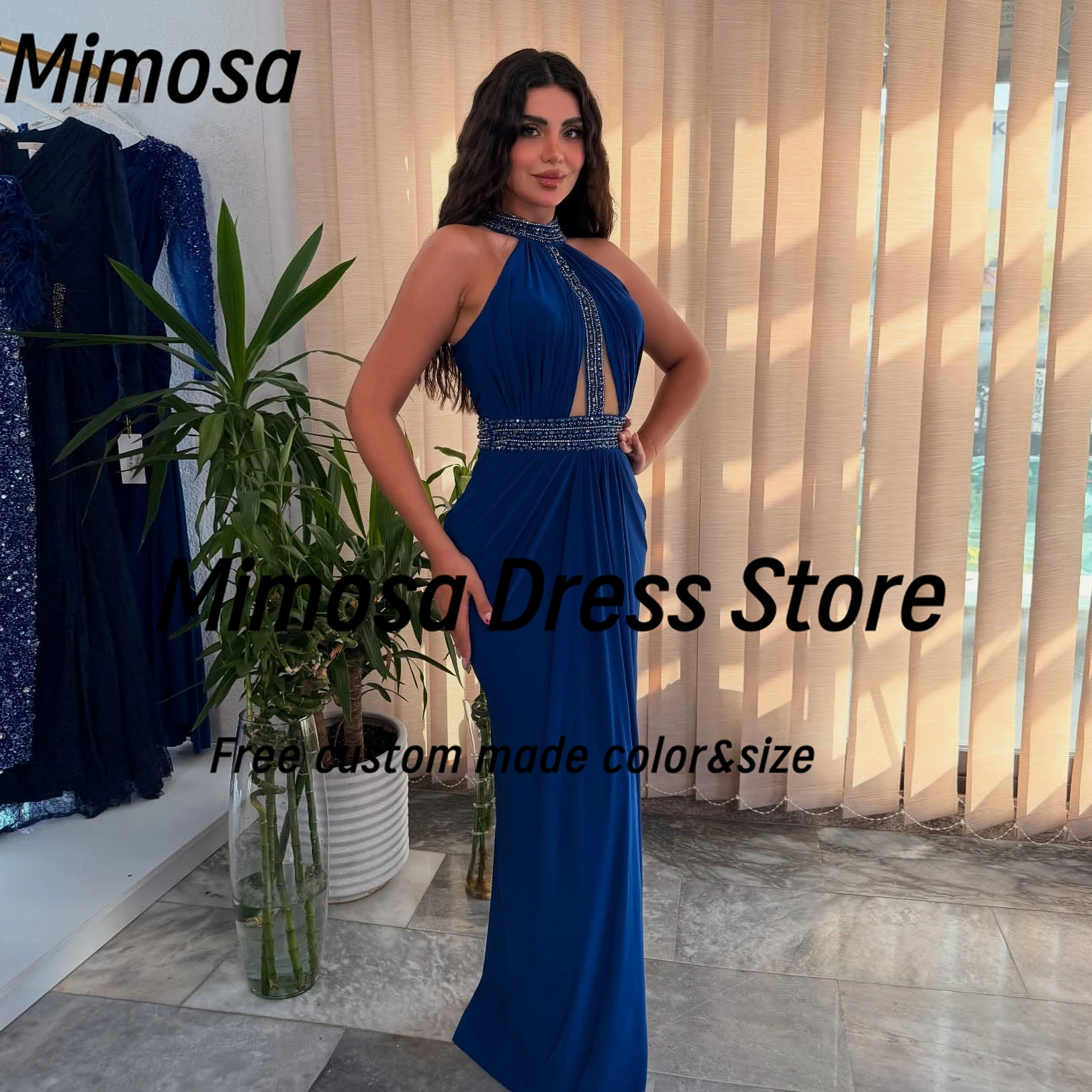 ชุดราตรีมิโมซ่าแบบยาวถึงพื้น คอแบบผูกเชือก ประดับด้วยลูกปัด พร้อมสายคาดเอว ชุดสำหรับโอกาสพิเศษ ผ้าจับจีบ ชุดราตรีงานเลี้ยง ชุดราตรีออกงาน สามารถสั่งตัดได้