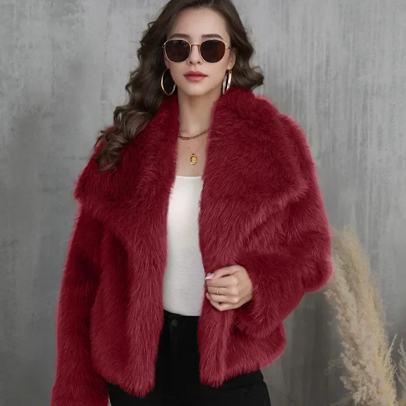 Autumn Winter Women Cropped Faux Fur Jacket Open Front Fur Coat Lapel Collar Casual Fluffy Fur Overcoat Outerwear Plush Parka