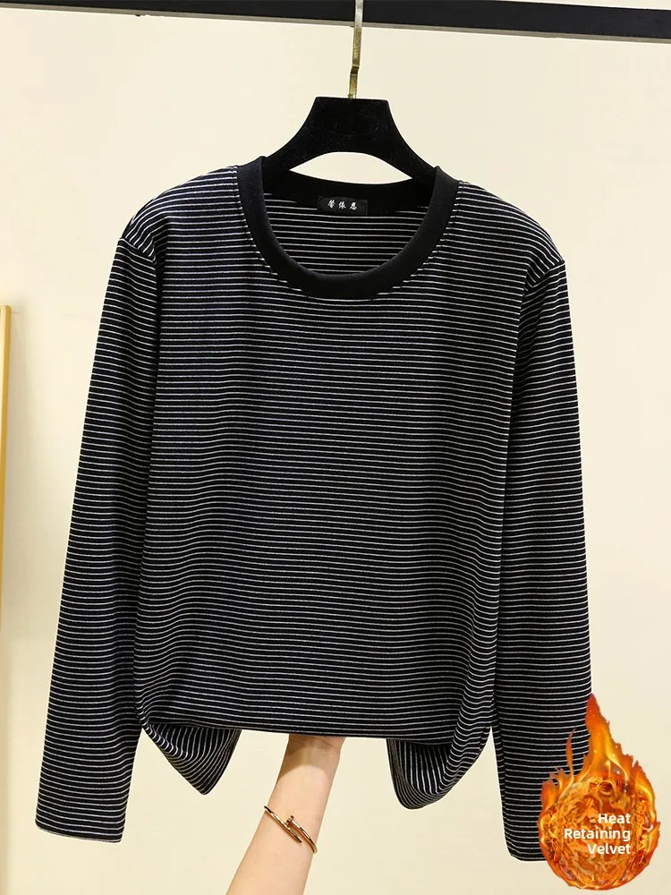 Camiseta térmica a rayas de talla grande para mujer, Base informal, irt, terciopelo de doble cara, para invierno