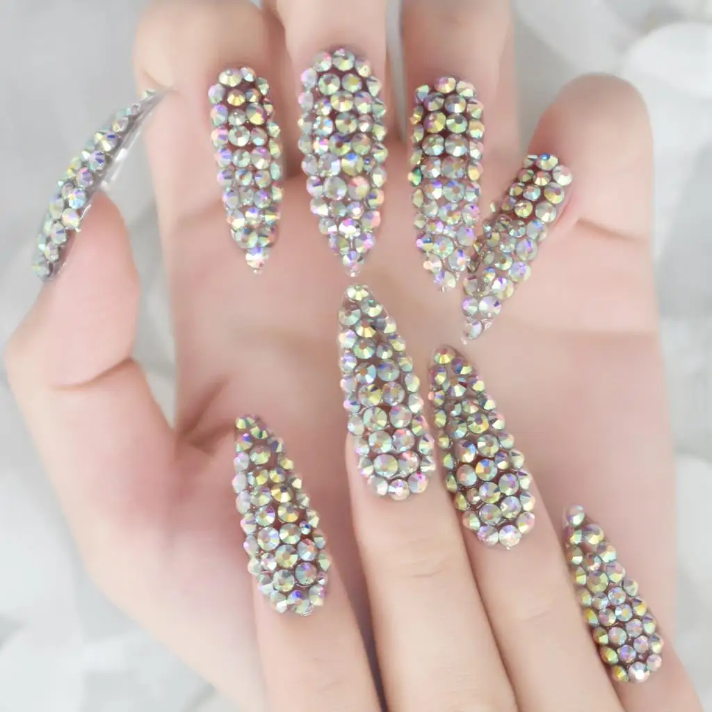 Volle Abdeckung 3D Strass Falsche Nägel Extra Lange Stiletto Künstliche Nägel Drücken Sie auf Nägel Luxus Salon Maniküre DIY Wiederverwendbare Nagelspitzen