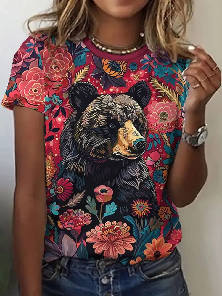 Russian Bear Floral 3D Print T-Shirts Women Casual Short Sleeve Round Neck T Shirt Harajuku Y2K Tees Tops Female Street Clothing