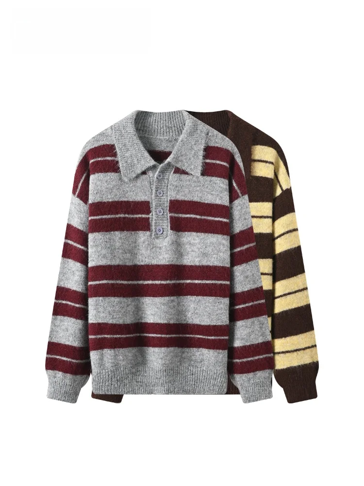 

Женский трикотаж больших размеров, длинный све, полосатый модный топ с отложным воротником в полоску на осень-зиму, корейский с узором в большой горошек