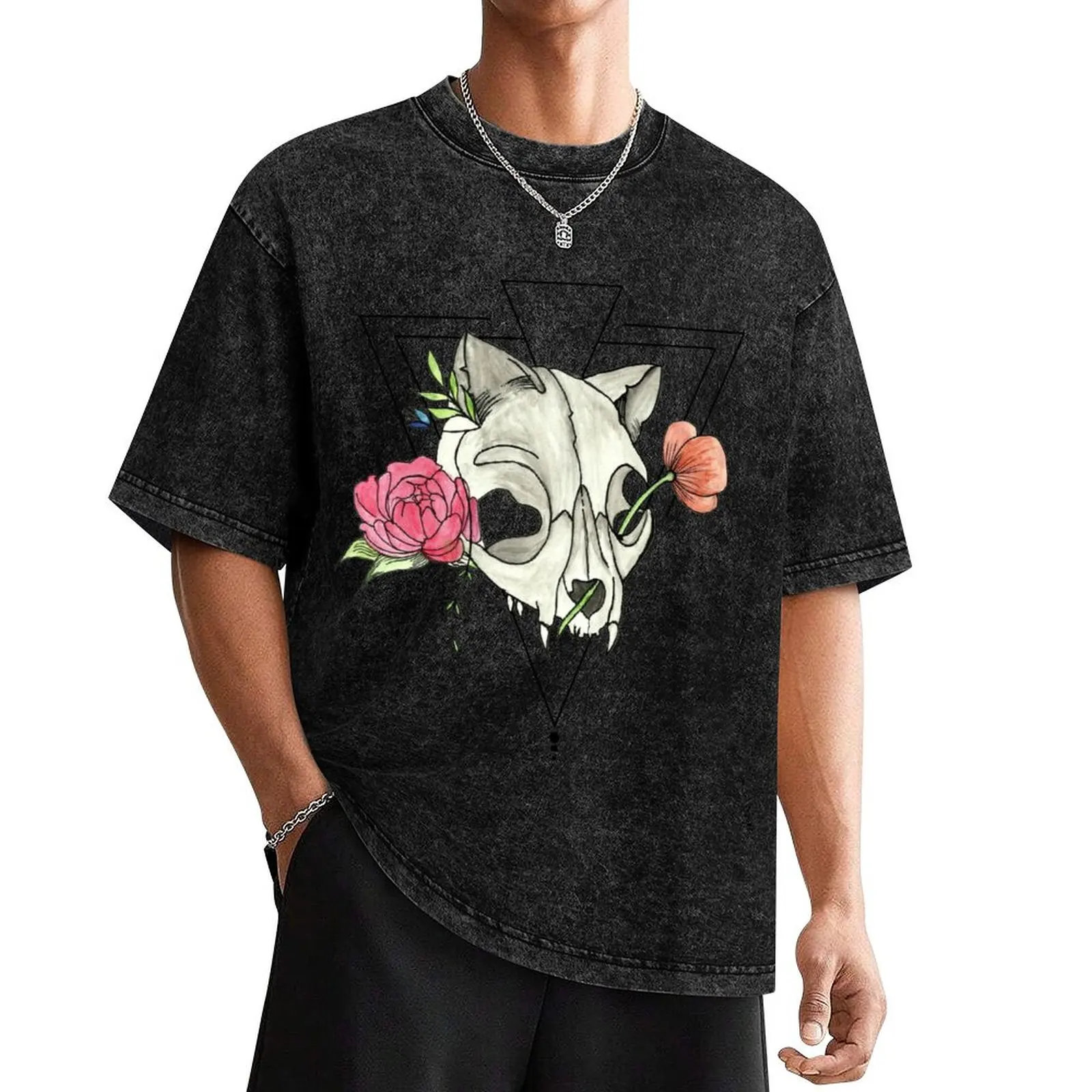 Cat Skull with Flowers and Geometric Shapes T-Shirt funny shirt cotton rapper graphic tees Men's clothing