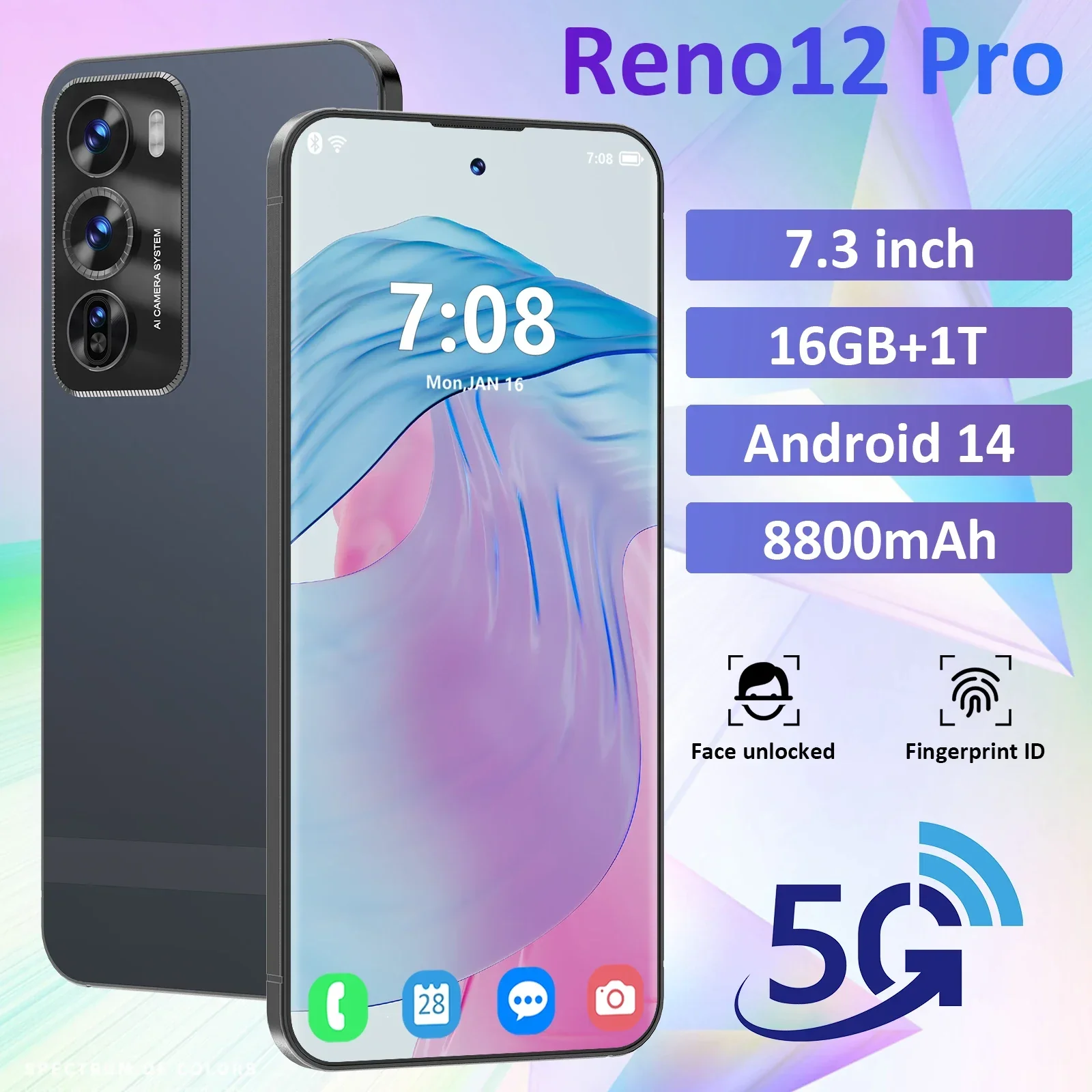 

Global Version Reno12 Pro Android Smart Original Phone 7.3 Inch HD Screen 5G 10 Core 108MP Camera 8800mAh Dual SIM Unlock Phone