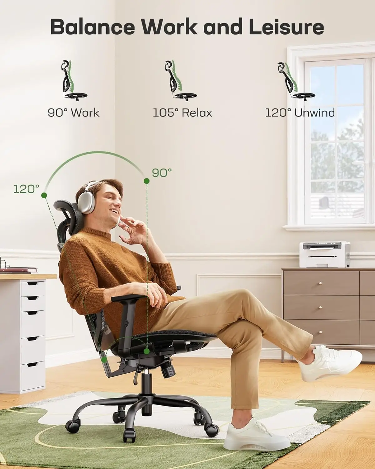 Ergonomic Mesh Office Chair: Mesh Computer Desk Chair with Adjustable Lumbar Support, 2D Headrest & Up and Down Armrest