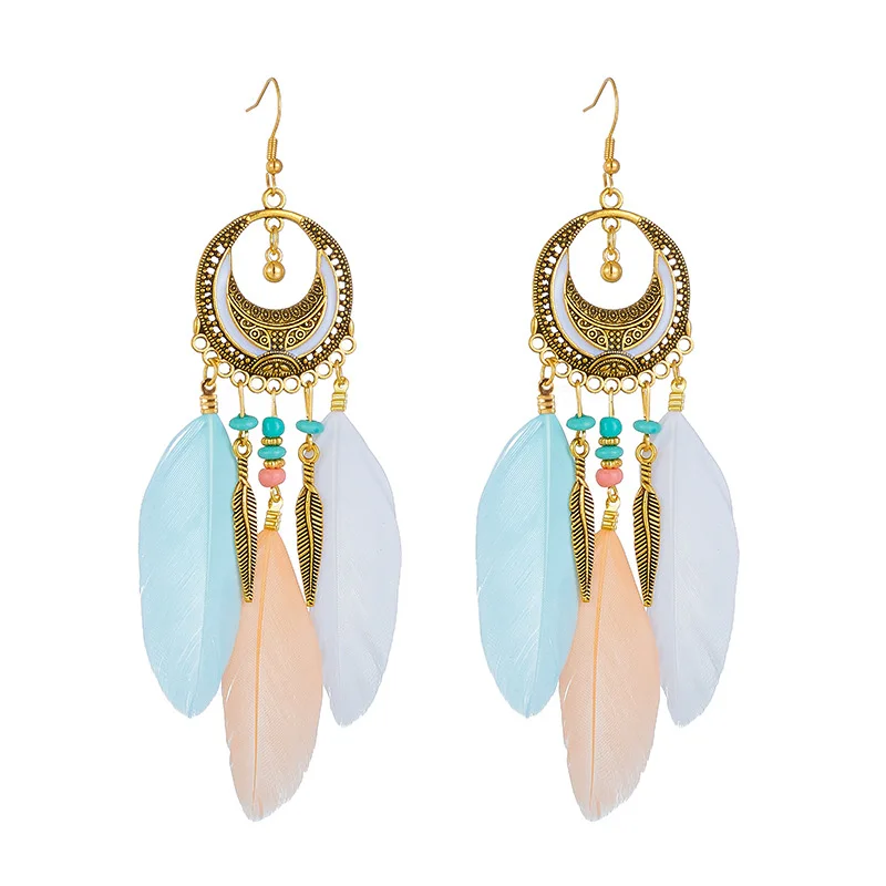 

Antique Gold Color Crescent Design Feather Earrings for Women Long Ethnic Elegant Earring Boho Party Vacation Daily Jewelry