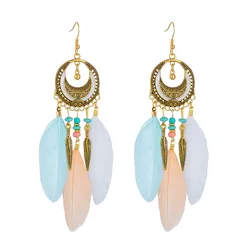 Antique Gold Color Crescent Design Feather Earrings for Women Long Ethnic Elegant Earring Boho Party Vacation Daily Jewelry