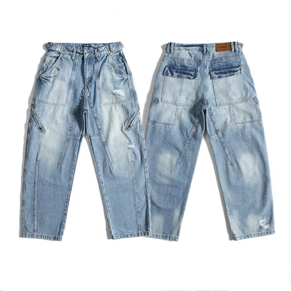 

Retro Waed Heavy Du 4 Oz Denim Jeans Knife Cut Worn out Proc Zipper Loose Fit Workwear Sle mid Waist Jeans