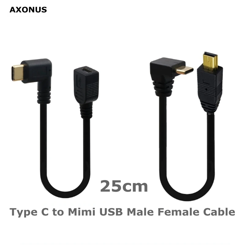 9.5inch/25cm Gold-Plated USB 90  Bend Type-C Male To Mini 5Pin Female Phone Data Charging Adapter Cable
