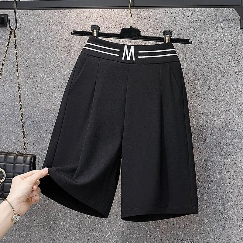 Oversized All-match Solid Color Elastic Waist Calf-Length Pants Summer Women Clothing Simplicity Letter Casual Quarter Pants