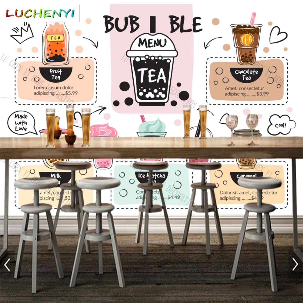 Custom cartoon bubble milk tea 3d wallpaper mural restaurant juice shop kitchen dining room wall papers home decor sticker