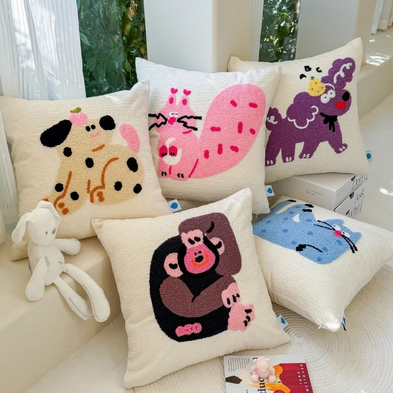 Cute Cartoon Embroidered Animal Pattern Pillow Cover Soft Decorative Cushion Cover for Bay Window Living Room Home Decoration