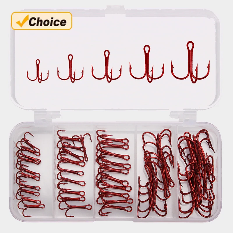 50Pcs Box High Carbon Steel Treble Fishing Hooks 2# 4# 6# 8# 10# Bent Triple Fishhooks Set Red Anchor Hooks For Sea Fishing
