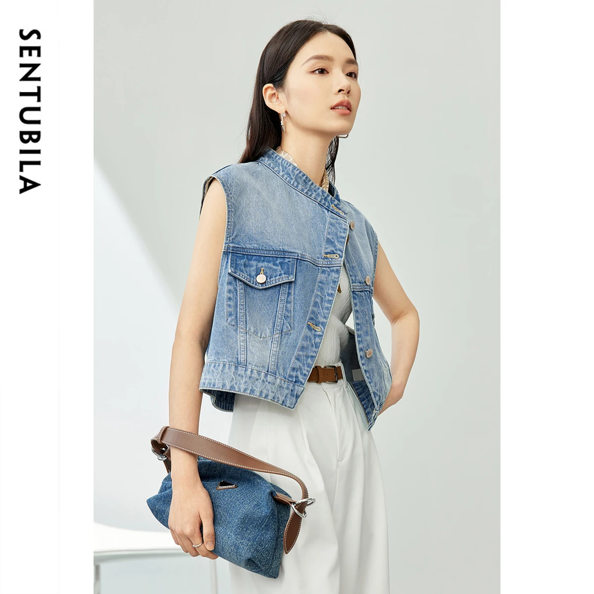 SENTUBILA Denim Vest V-neck Waistcoat 100% Cotton Single-Breasted for Women Clothing Sleeveless Jackets Woman Clothes W41J53843