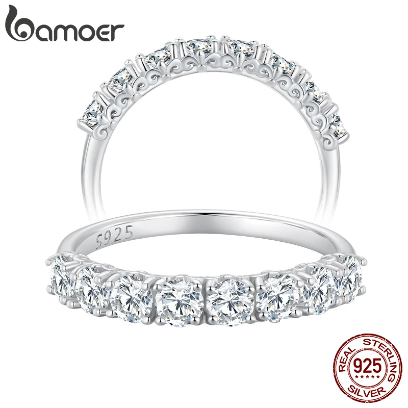BAMOER Iris Moissanite Ring Lace Band 925 Sterling Silver Half Eternity Stackable Ring D Color for Women Engagement Retro Gift