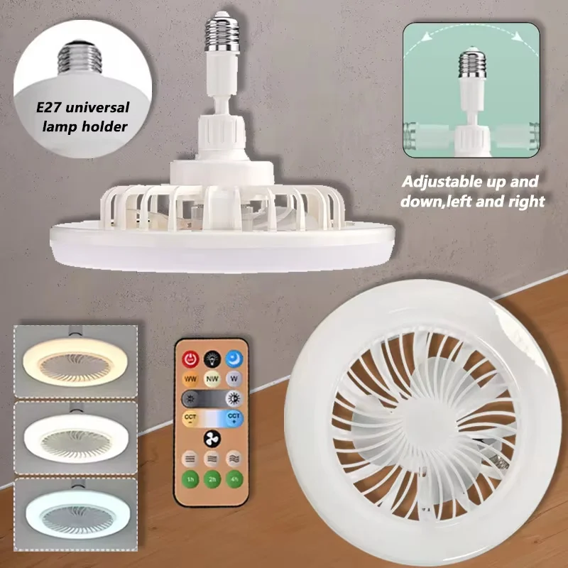 E27 2 In 1 Ceiling Fan Lamps 3 Speeds Adjustable Base Infinitely Dimmable for Living Room Bedroom Study LED Decorative Light