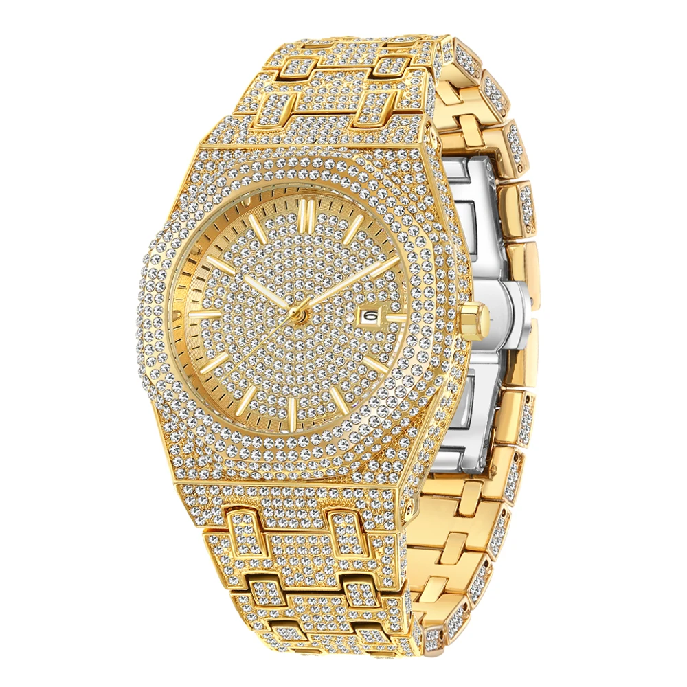 Montre en diamant Bling pour homme, montre-bracelet à quartz Glacé, acier inoxydable, mains Shoes, cadeau fantaisie, luxe, or