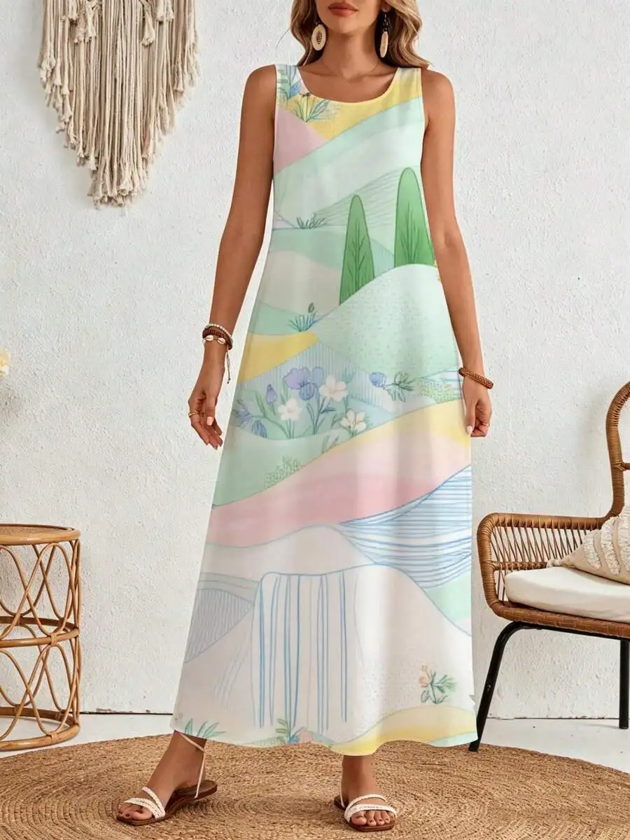 

Sleeveless Maxi Dress Pastel Abstract Landscape Print Summer Beach Vacation Wear