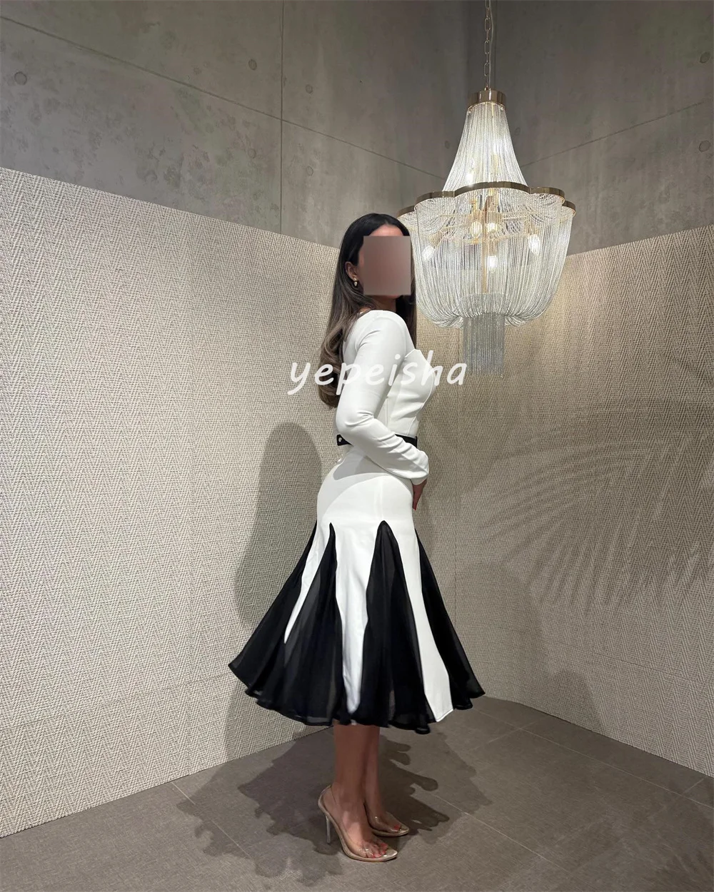 Customized Modern Style High quality Jersey Sash Ruched Straight Square Neck Tea Length Dresses Bespoke Occasion Dresses Casual image 3