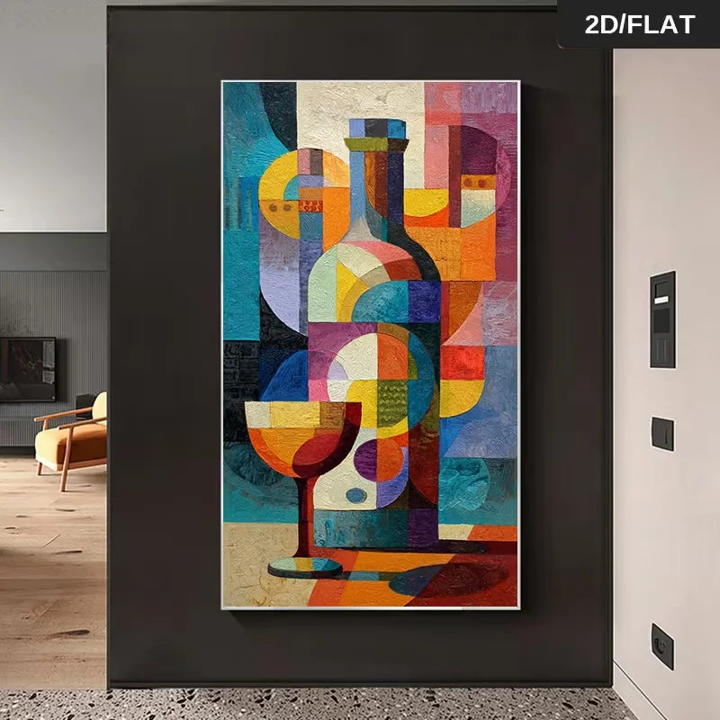 1pc Large Modern Cubist Abstract Wine Bottle & Wine Glass Wall Art - Multicolor Geometric Cubist Painting (70x140cm/27.5