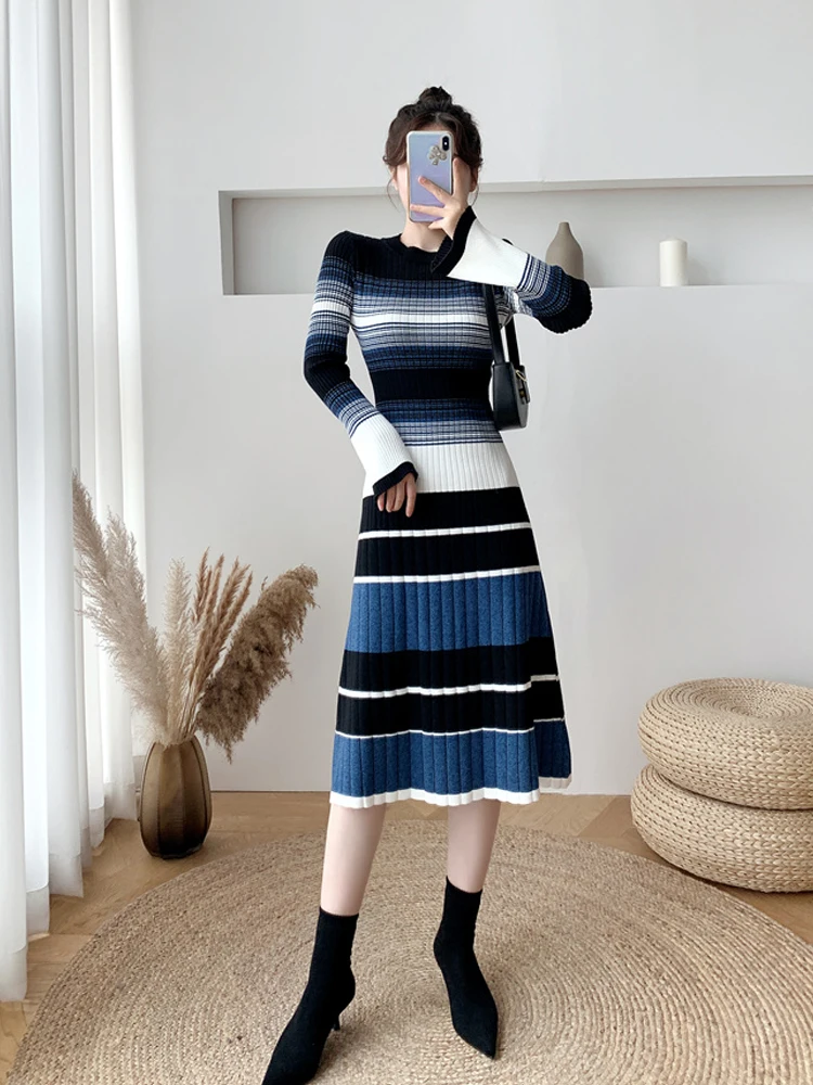 

2024 Women O-Neck Striped Temperament Knitted Dress Autumn Winter Mid Length Version Over The Knee Priming Sweater A-Line Skirt