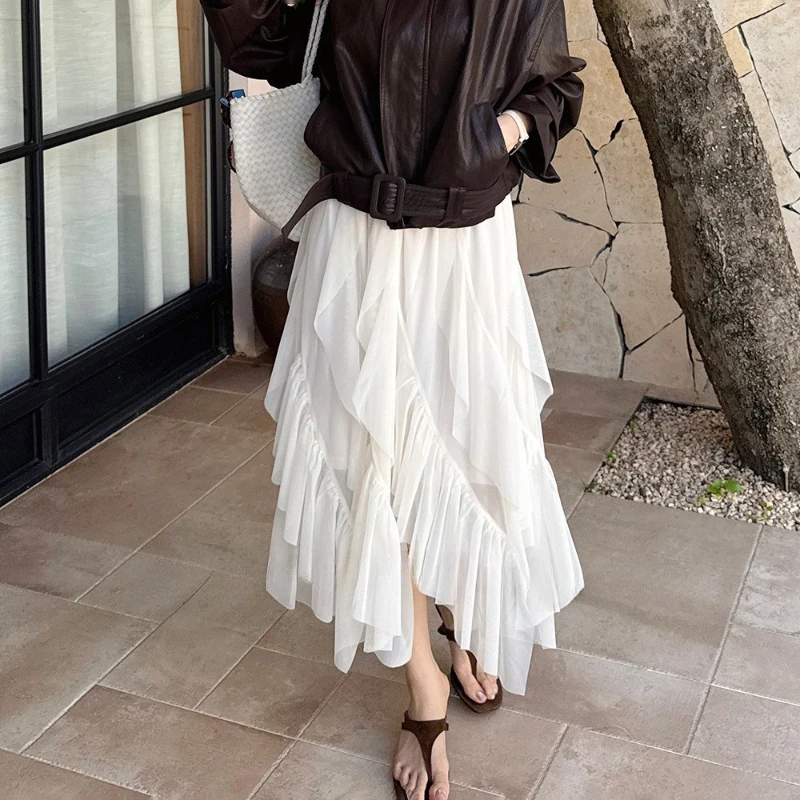 

2026 Summer New Hot Selling Design Sense Temperament Mesh Ruffle Edge Cake Skirt for Women