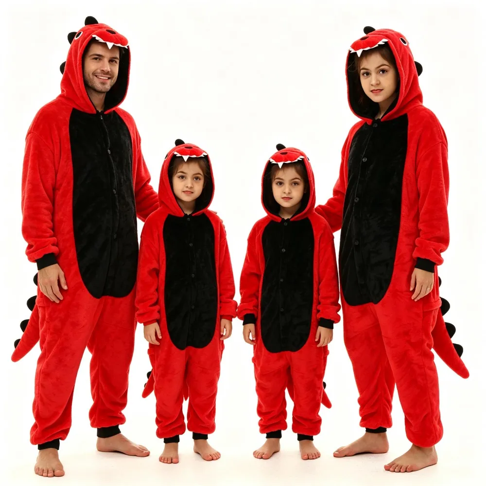 Family Matching Dinosaur Onesie Pajamas Flannel Kigurumi Adult Kids Winter Cartoon Animal Jumpsuit Halloween Cosplay Sleepwear