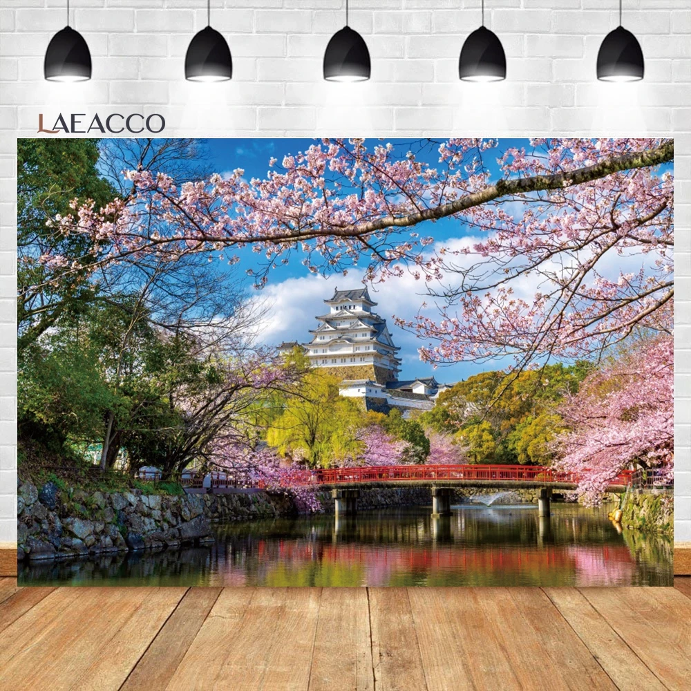 Laeacco Japanese Garden Photography Backdrop Spring Cherry Blossoms Mountain Scenery Wedding Party Kid Adult Portrait Background