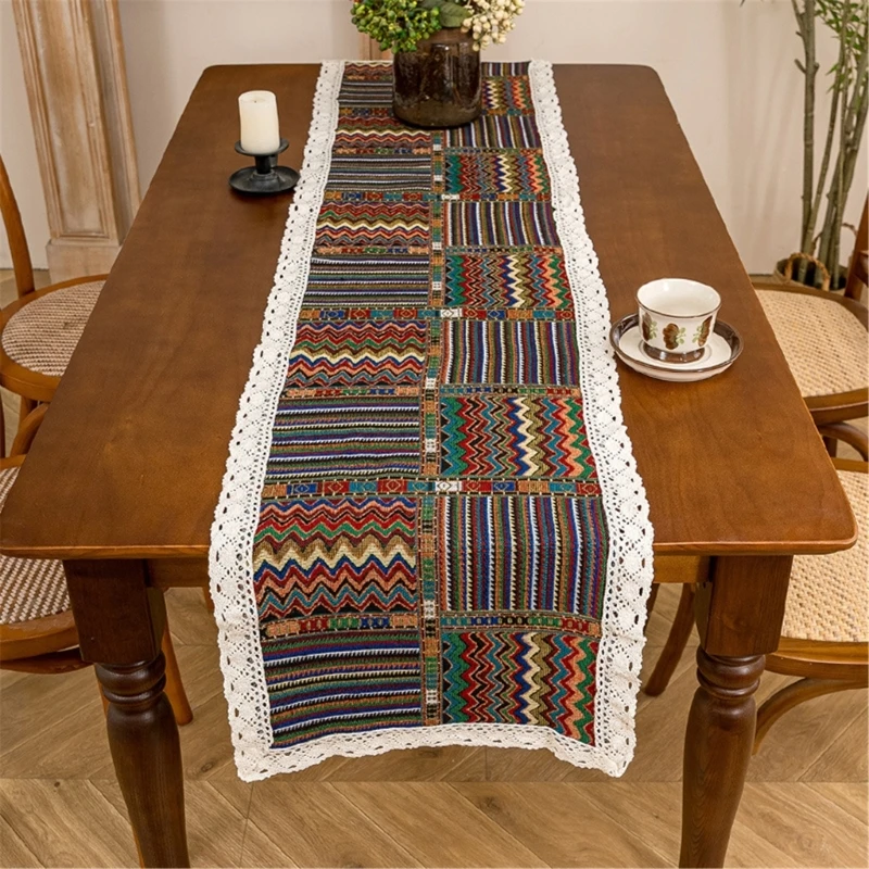 Geometric Table Runner in Polyester with White Trim for Dining Table, Sideboard, Coffee Table, and Entry Table B03E