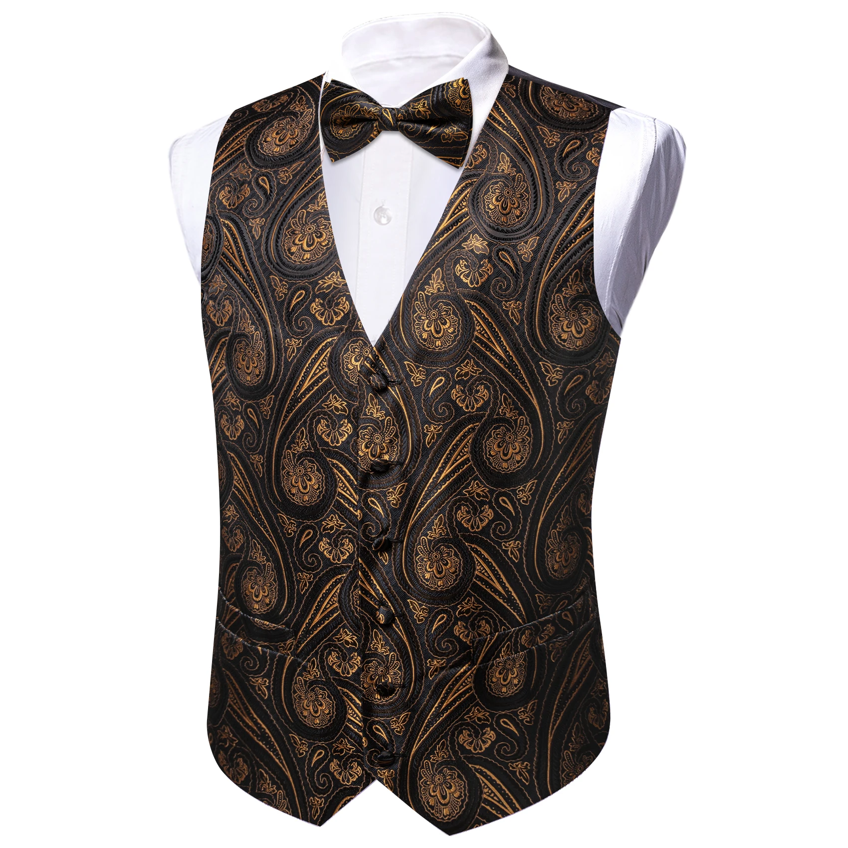 Luxuriöse Jacquard-Herrenanzugweste mit V-Ausschnitt, passende Krawatte, Fliege, Einstecktuch und Manschettenknöpfe im Set für Hochzeit, Party, formelle und legere Anlässe – Detail 6