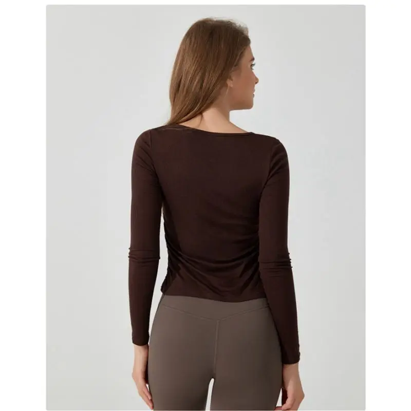 AEF6-Women's Round Neck Long-Sleeved Pullover Top Casual Sports T-Shirt Fall Winter Pleated Slim Yoga Wear