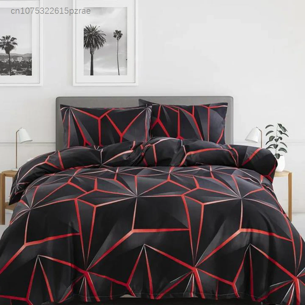 Black Red Geometric Duvet Cover Queen 3D Three Dimensional Geometrical Bedding Set Modern Abstract Neon Line Comforter Cover 2