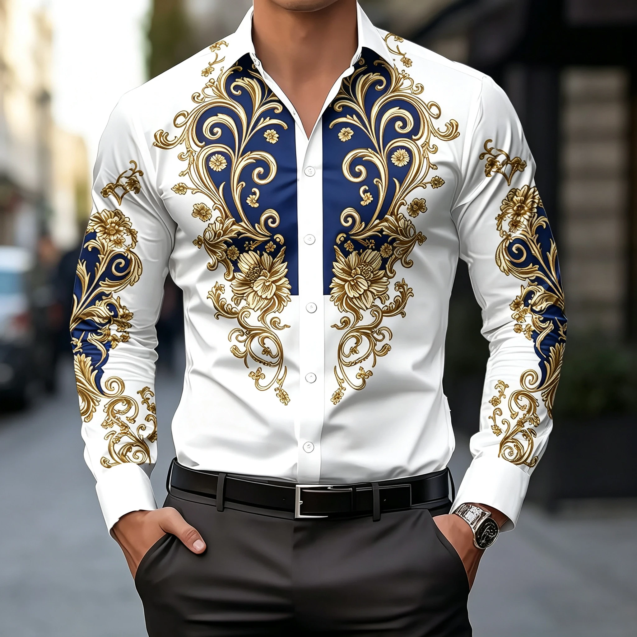 Blue and Gold Baroque Scroll Floral Men's Long-Sleeved Shirt, Wedding Banquet Lapel Tuxedo Shirt