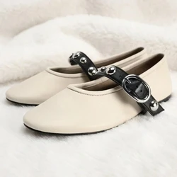 Ballet Flats for Ladies 2025 Spring Rivet Design Buckle Strap Soft Leather Women Footwear Light Comfortable Leisure Female Shoes