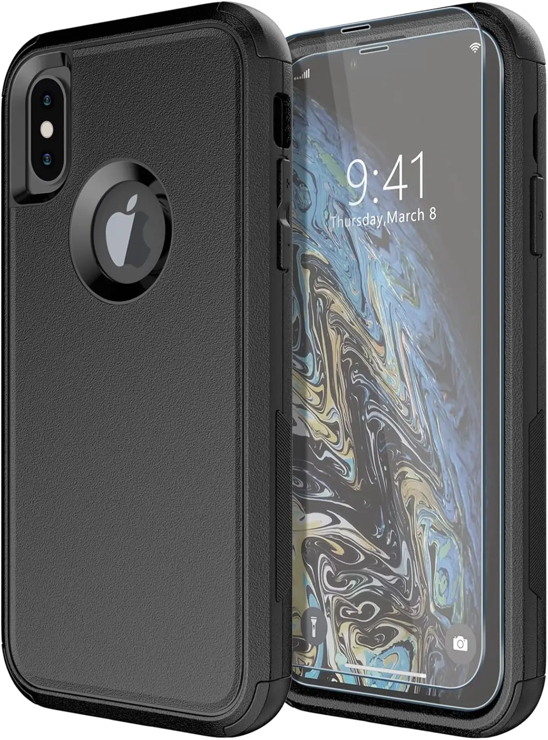 

Shockproof Heavy Duty Phone Case for iPhone X/XS with Tempered Glass Screen Protector, Black