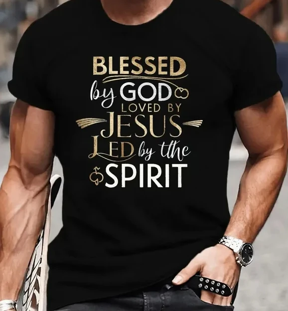 Men's Blessed By God  Loved By Jesus Inspirational Graphic T-Shirt Black Unique T-Shirts Tees For Daily Wear T-Shirt Girlfriend