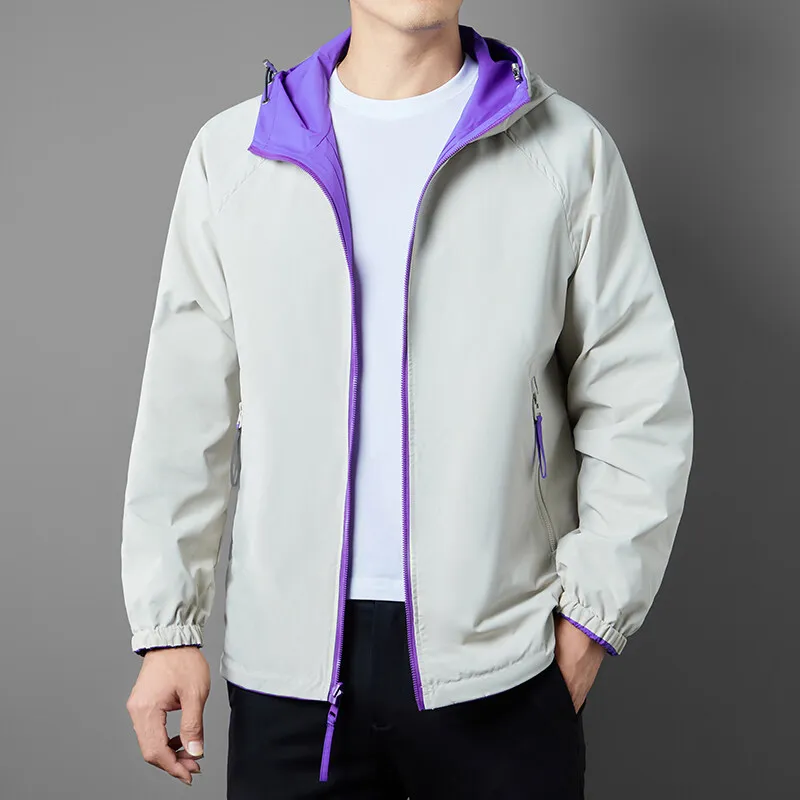 Casual Men's Double Sided Wearable Hooded Jacket 2025 Spring Autumn Windproof Loose Solid Color Outdoor Coat Zipper Top Clothing