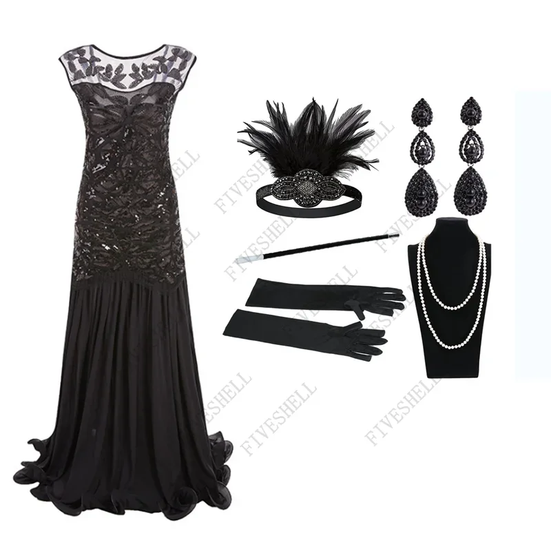 1920S Party Dress Annual Dinner Long Gown 1920 Vintage Sequined Pebblework Mesh Lotus Leaf Dress and Headpiece Gloves Earring