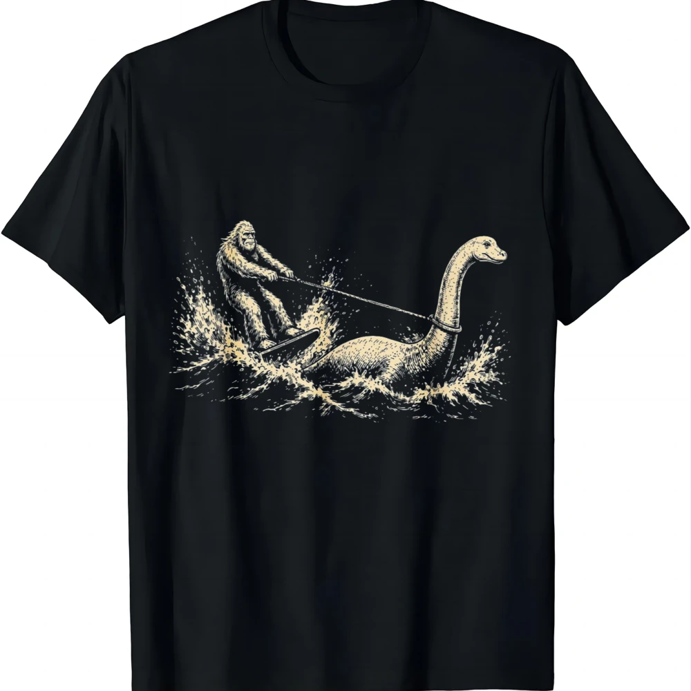Bigfoot Waterskiing Nessie Loch Ness Monster Cryptid T-Shirt Short Sleeve Tee Unisex Tee Men Women Black and White Monochrome