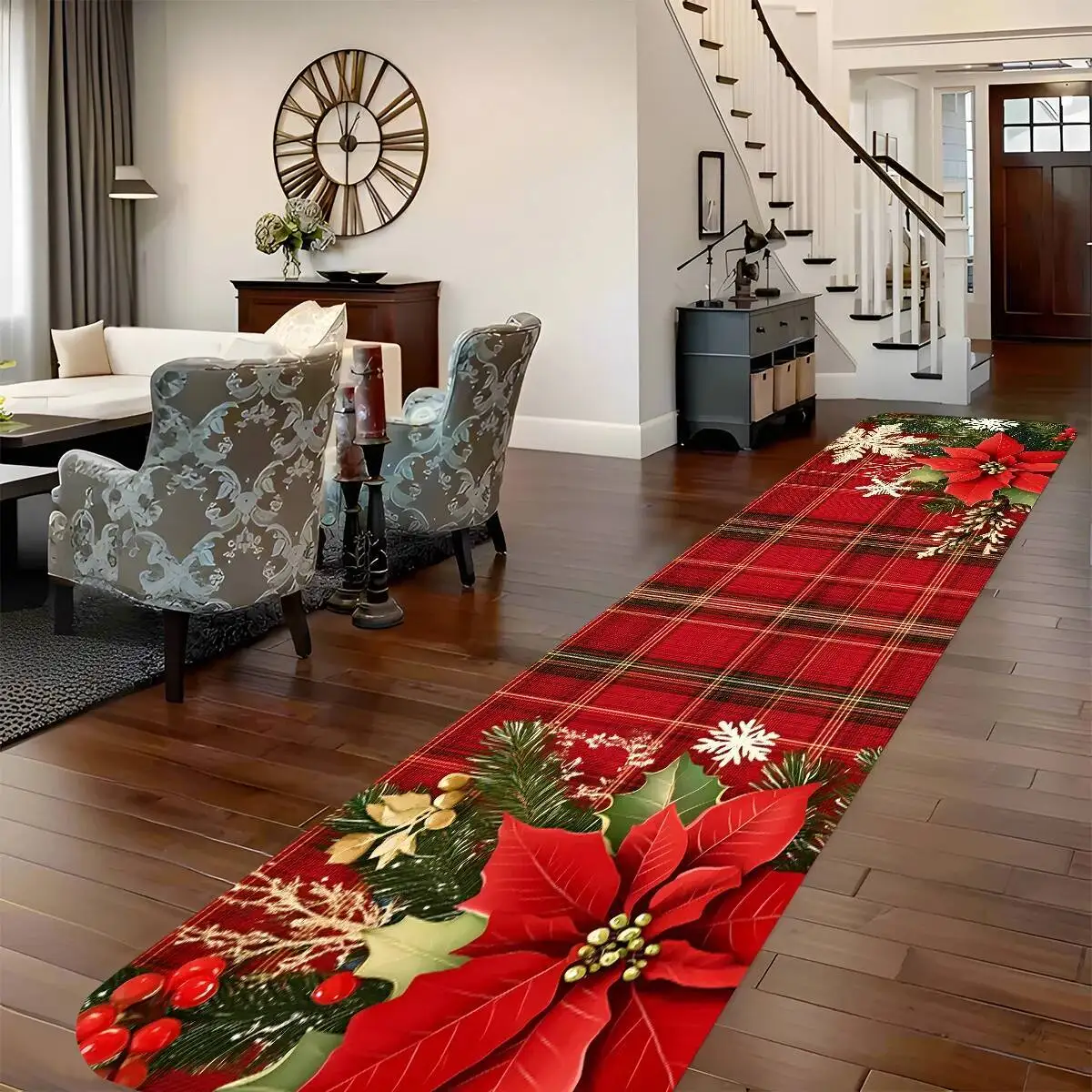 

VIKAMA Christmas Checkered Corridor Floor Mats, Hine Washable, Bedside and Sofa Rugs, Kitchen Carpets, Home Decorations