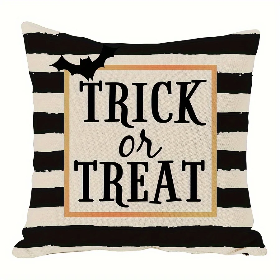 1pc Linen Halloween Pillow Cover Featuring A Trick Or Treat Bat Design With Stripes. This Decorative Throw Pillow Case Is Suitab