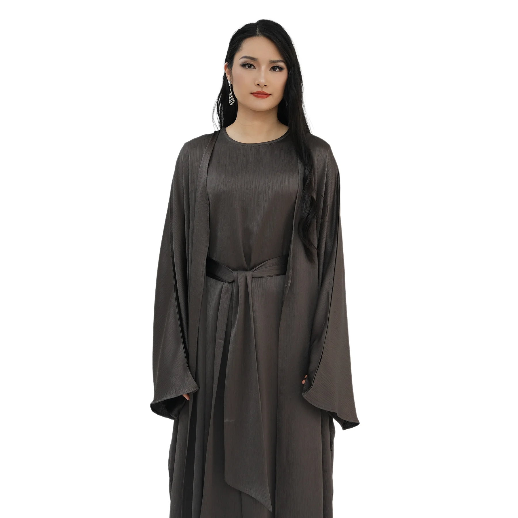 

Muslim Set Open Front Cardigan Two-Piece Set Middle Eastern Dubai Long Robe Inner Dress Women Matching Outfits Morocco Abayas