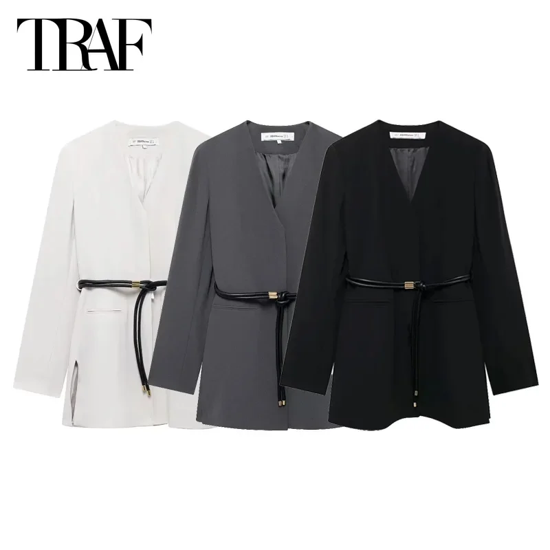 TRAF Office Lady Blazers Belt Long Blazer Women's Outerwear White Grey Black Coat 2024 Autumn Elegant V-neck Long Sleeve Blazer