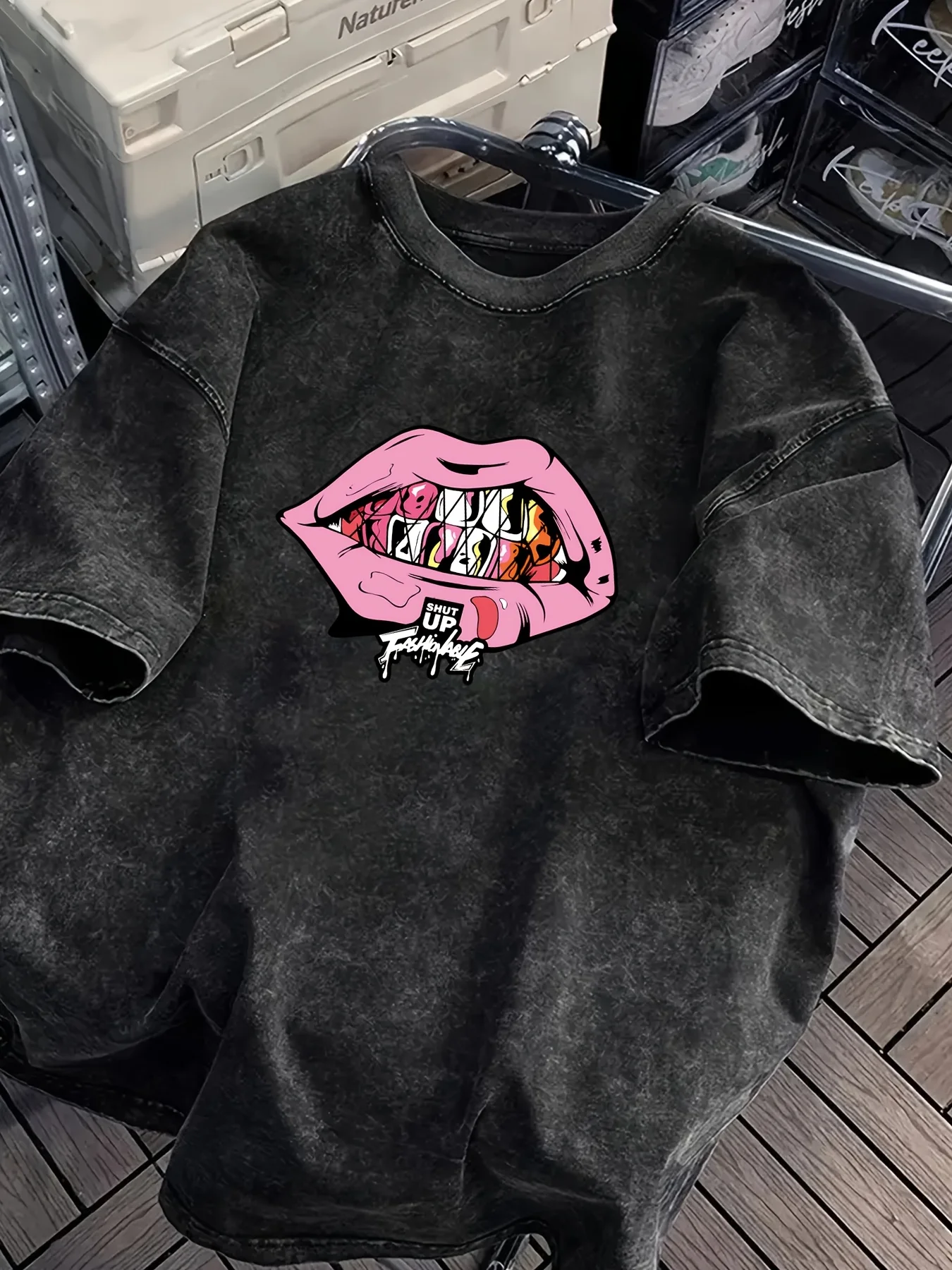 Washed Summer Men's 100% Cotton T Shirt Comfortable Fabric Letter Cartoon Lip Pattern Print Suitable Daily Wear Fashionable Item