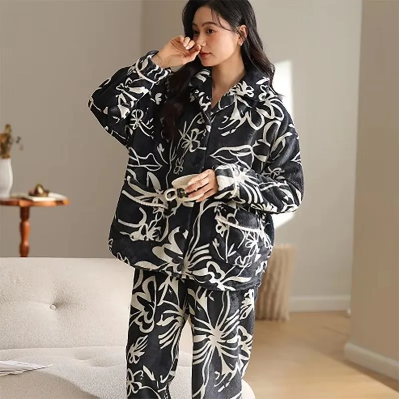 Can Be Worn Outside Pajamas Women's Suit Loungewear Suit Warm Fleece Thickened Flannel Coral Fleece Popular in Autumn and Winter