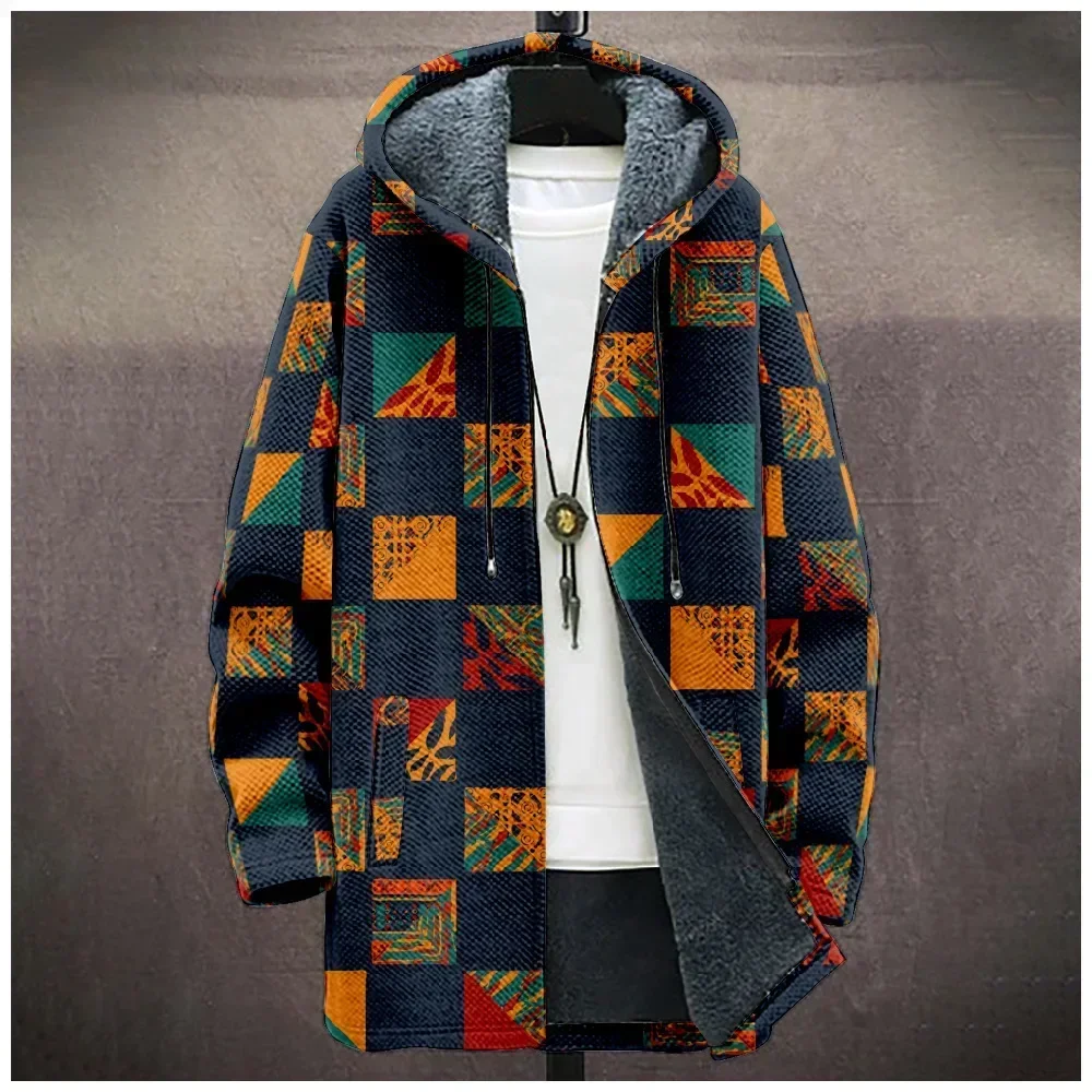 Men Cardigans Coats Ethnic Geometric Pattern Abstract Art Printed Plush Thick Winter Casual Streetwear Unisex Clothing