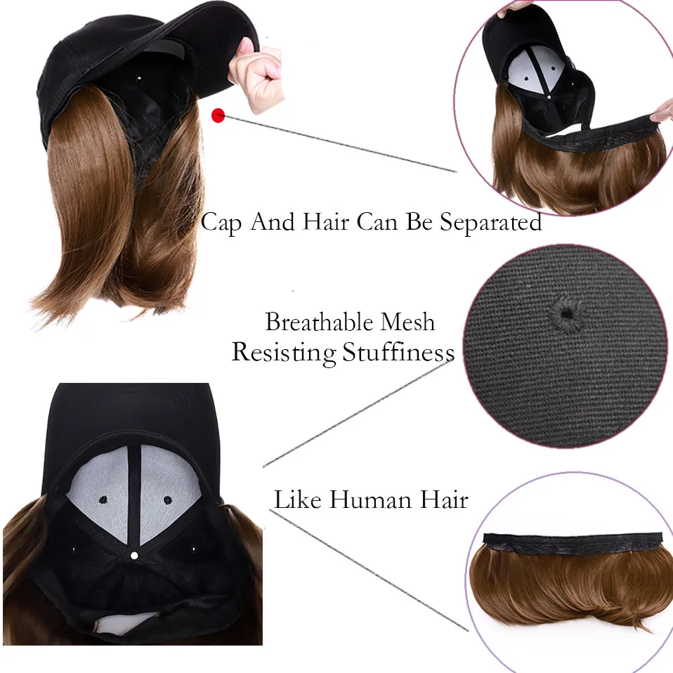 Benehair Synthetic Fluffy Natural Wavy Hair Wigs Cap Straight Baseball Wig Bob Wig Kinky Curly Adjustable Hat Wig Cap With Hair