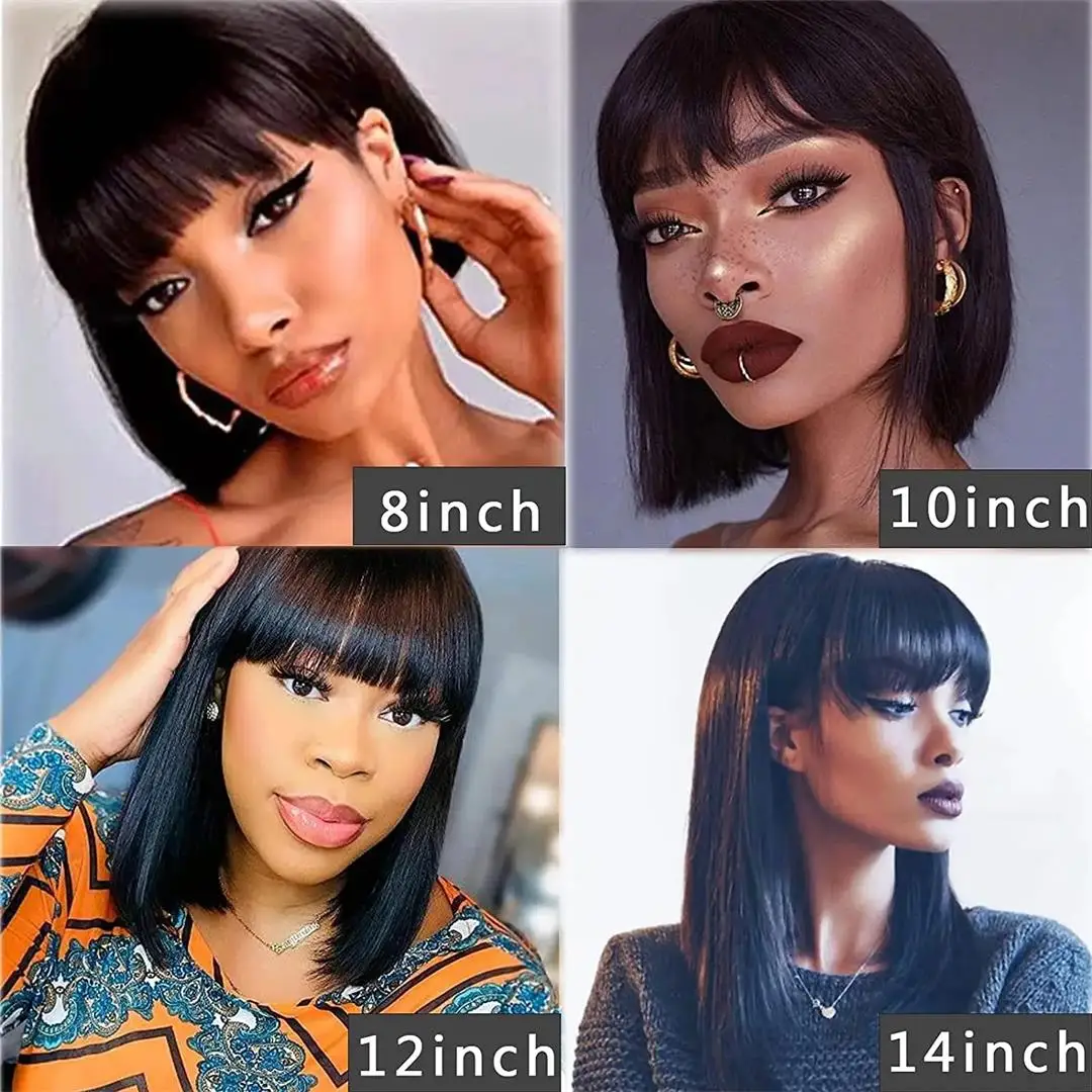 

Brazilian Human Hair Wig with Bangs Remy Straight Hair Bob Wigs Full Machine Made Wig for Women 8-14 Inches No Lace Bob Wigs